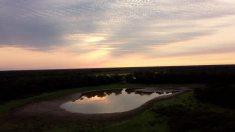 peaceful natural pond in green fields with water reflection at sunrise time, paraguay