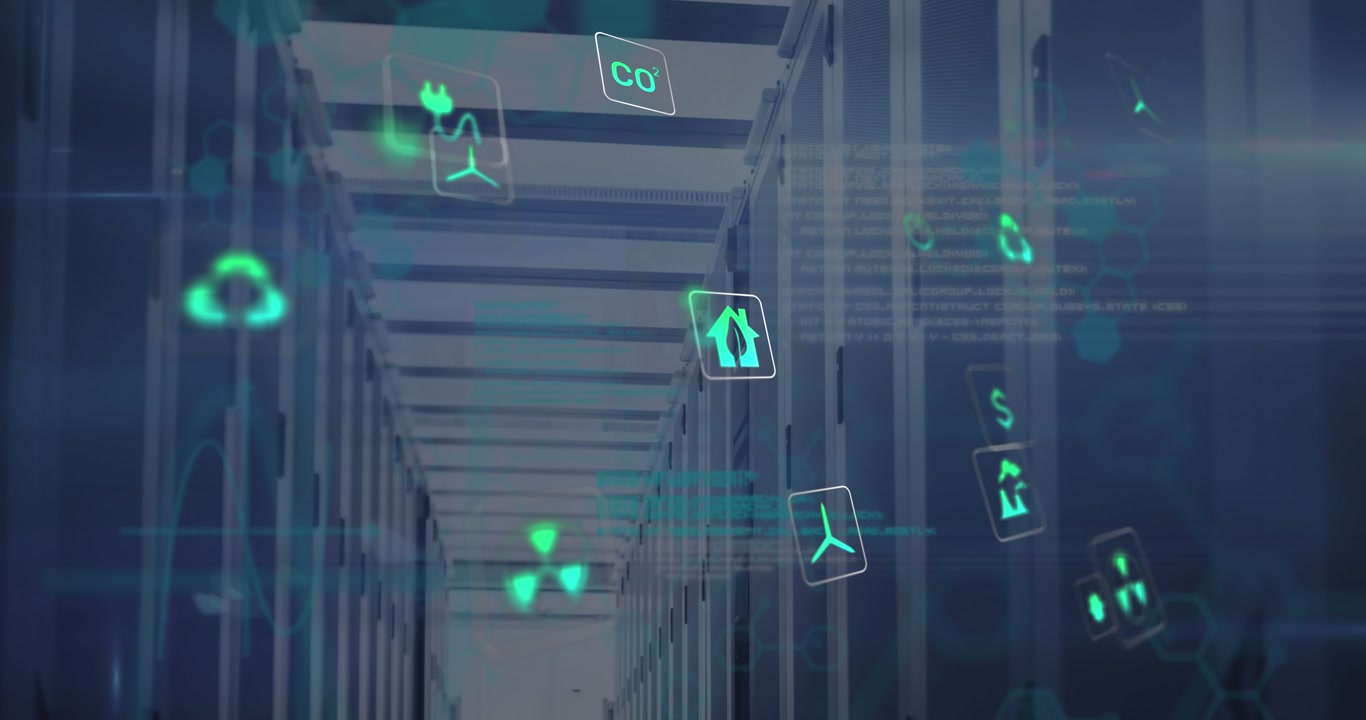 Animation of data processing and ecology icons over server room