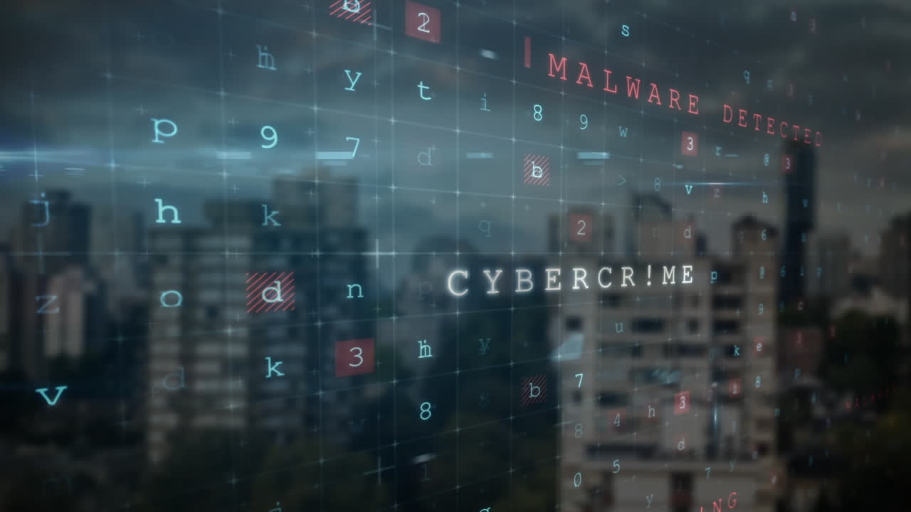 animación del procesamiento de datos de seguridad cibernética contra edificios altos