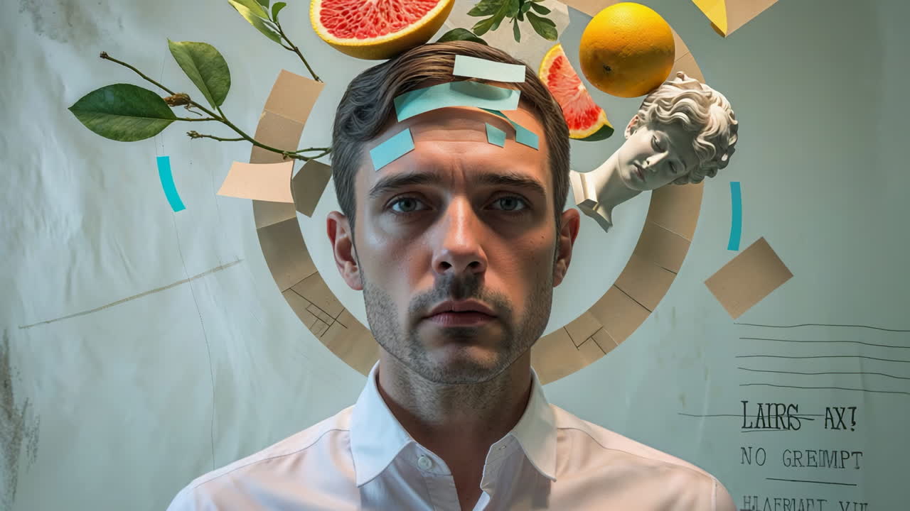 Surreal Portrait of a Man with Fruit and Classical Bust Elements
