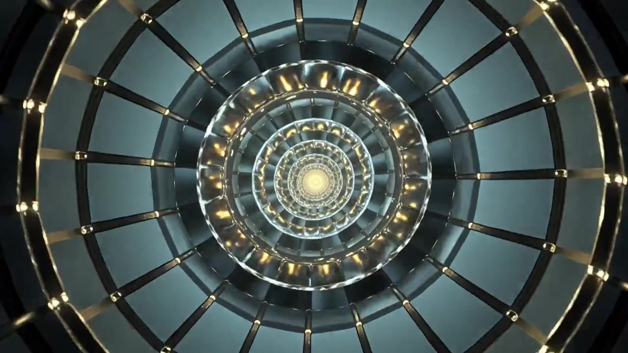 La telecamera si allontana rivelando una cupola in metallo e vetro in un atrio, mostrando nervature radiali per rivelare la geometria.