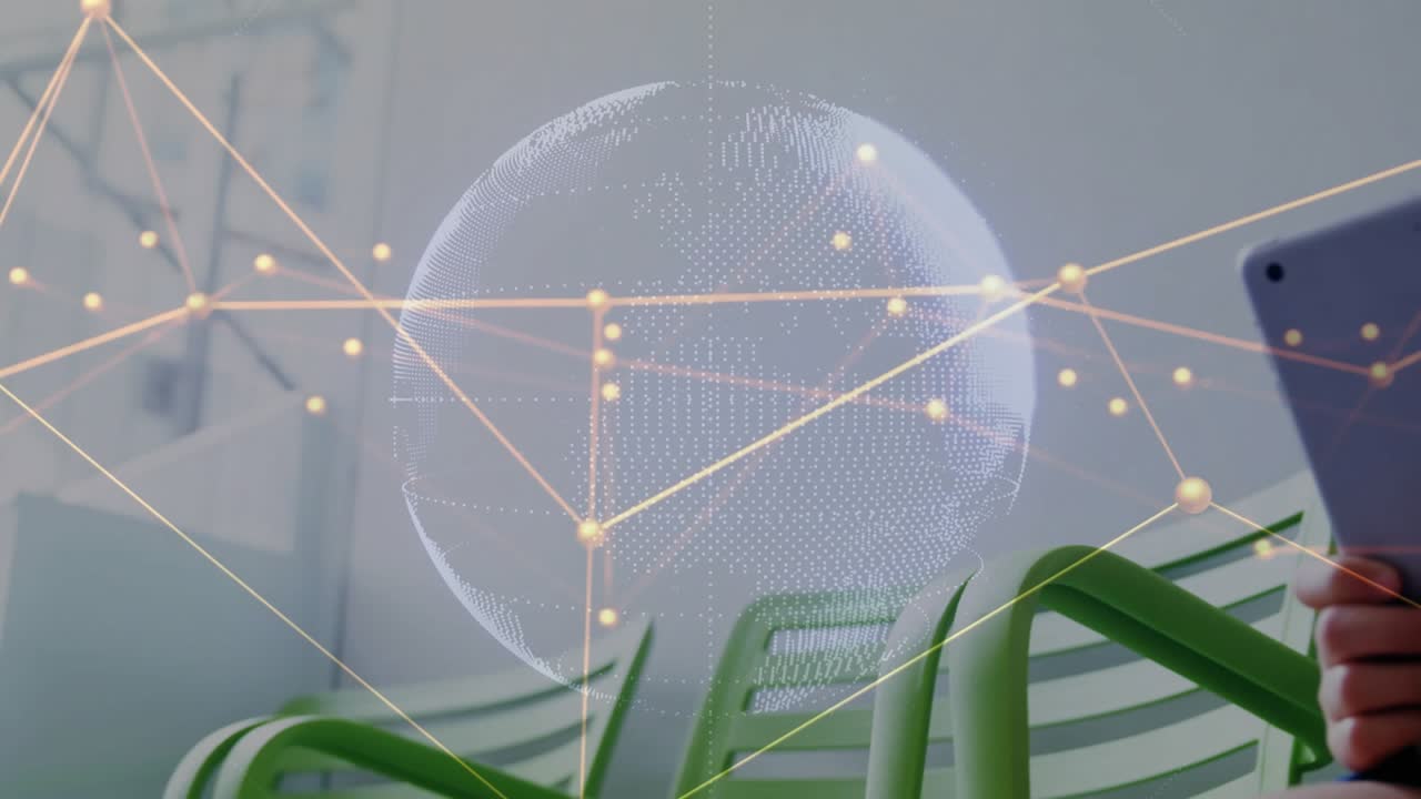 Boy shifting tablet into center, activating wireframe globe overlay while exploring educational app