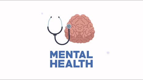 mental health lettering animation with brain and stethoscope