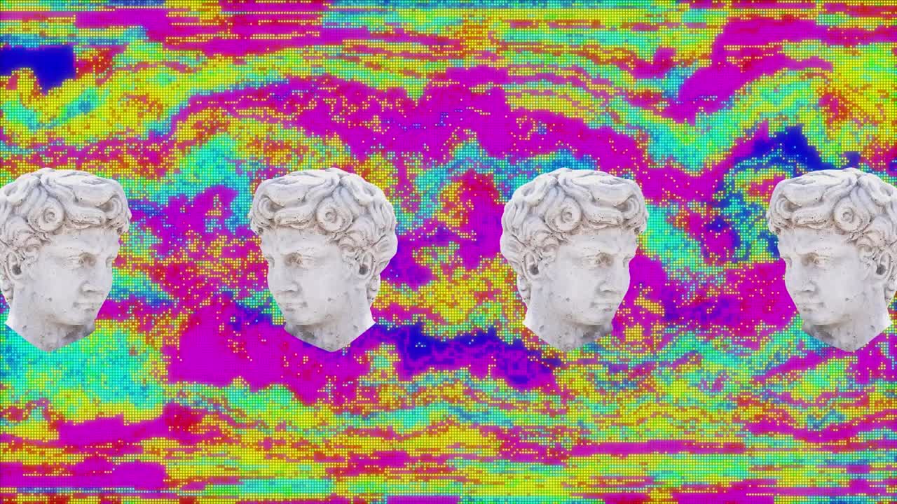 다채로운 배경에 글리치와 함께 고대 머리 조각의 애니메이션