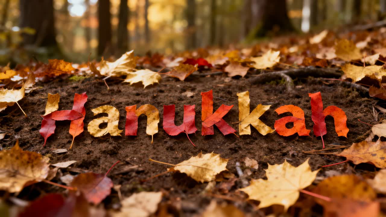 Orman zemininde kırmızı-turuncu yapraklarla yazılmış Hanukkah kelimesini ortaya çıkaran kamera görüntüsü, hafif rüzgar
