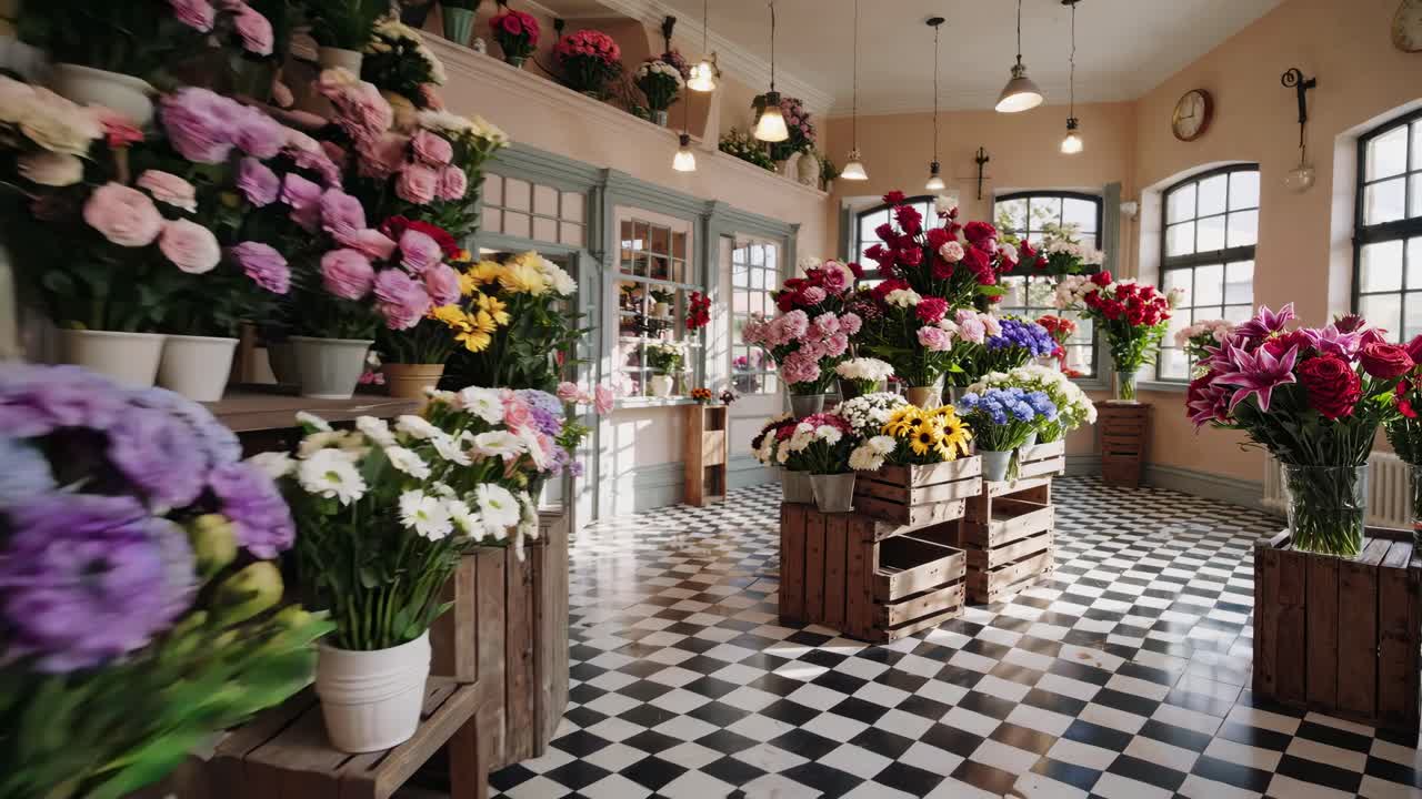 A wide-angle video shot of a vintage-style flower shop with checkered floors, showcasing vibrant