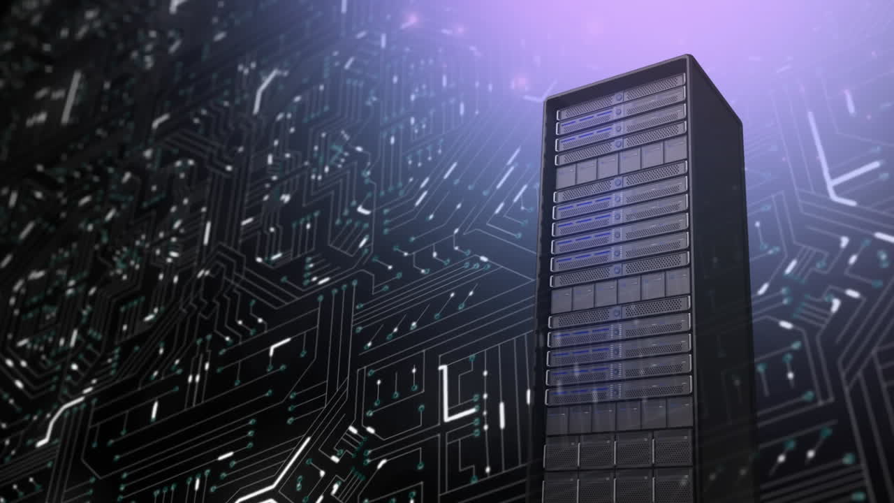 Mainframe computer tower and glowing circuit board