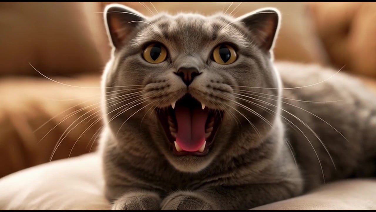 Grå British Shorthair-kat vågner og gaber på en pude