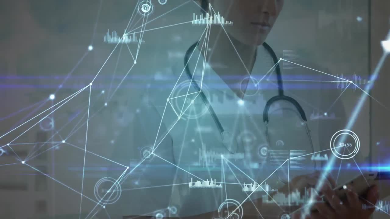 태블릿을 가진 백인 여성 의사에 대한 아이콘과 연결 네트워크의 애니메이션.