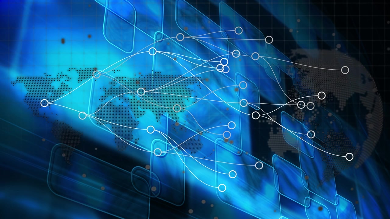 Digital World Map with Interconnected Network Nodes and Data Flow