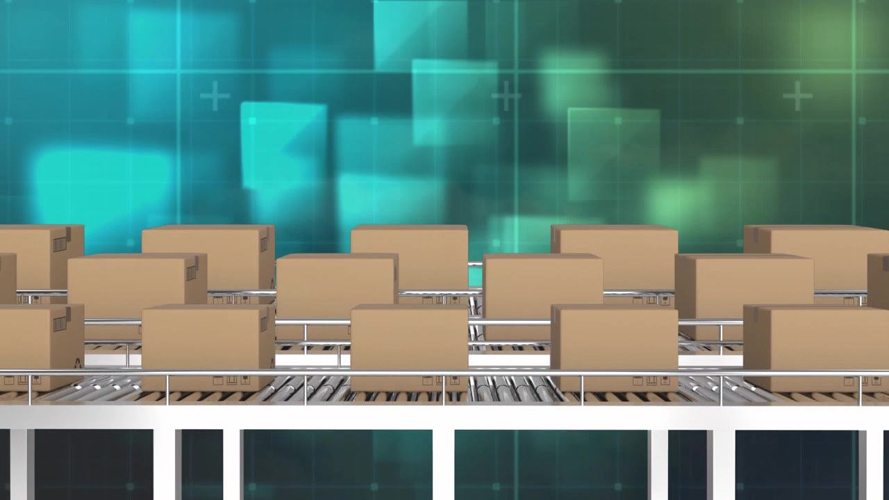 Animation of cardboard boxes moving on conveyor belt over illuminated squares