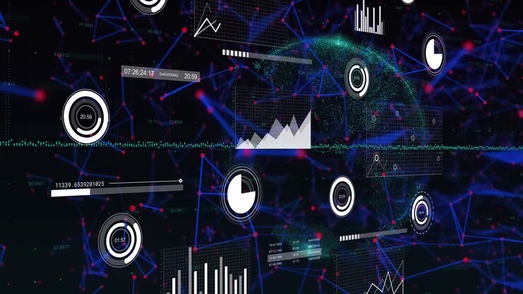 Animation of graphs, loading circles and graphs over connected dots and globe on black background