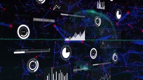 Animation-of-graphs,-loading-circles-and-graphs-over-connected-dots-and-globe-on-black-background