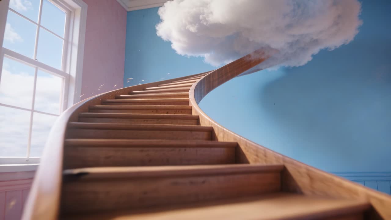 Moving camera along spiral wooden staircase sparkling in pastel room, leading viewer eye to cloud