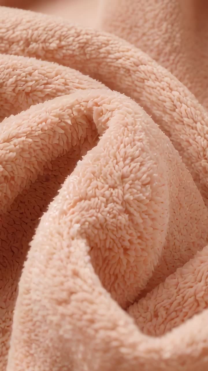 Video verticale: camera in movimento che rivela una coperta in pile color pesca in casa per mostrarne la texture e il pelo