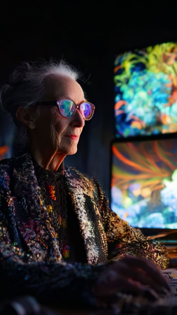 Un'anziana signora con gli occhiali impegnata nella creatività digitale, circondata da schermi vivaci che mostrano arte astratta colorata, a dimostrazione dell'armonia tra età e tecnologia