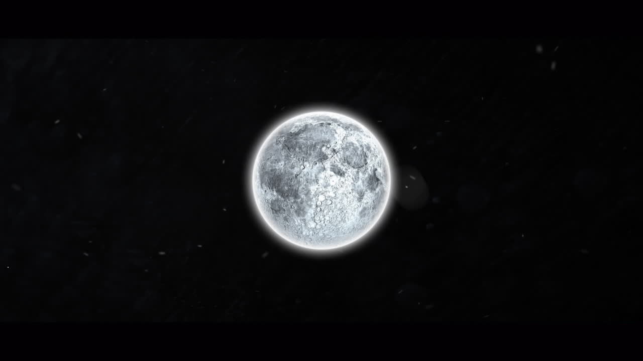 검은 바탕에 달에 대해 떠다니는  ⁇  입자와 번개 천둥의 디지털 애니메이션