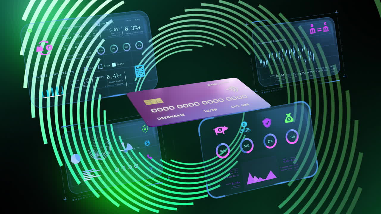 Animation of digital data dashboards with graphs and charts on green patterns