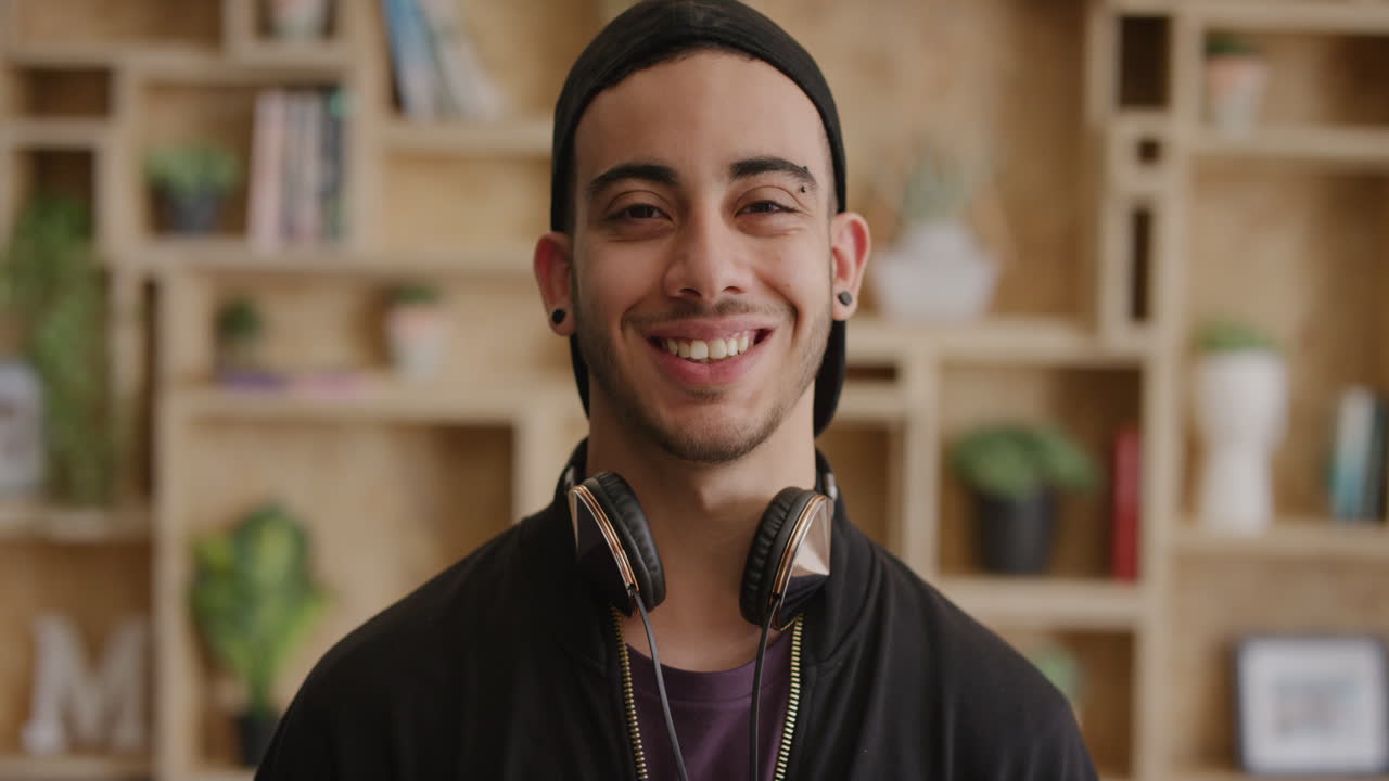 portrait happy teenage man student laughing enjoying relaxed lifestyle satisfaction confident hispanic male wearing stylish fashion hat