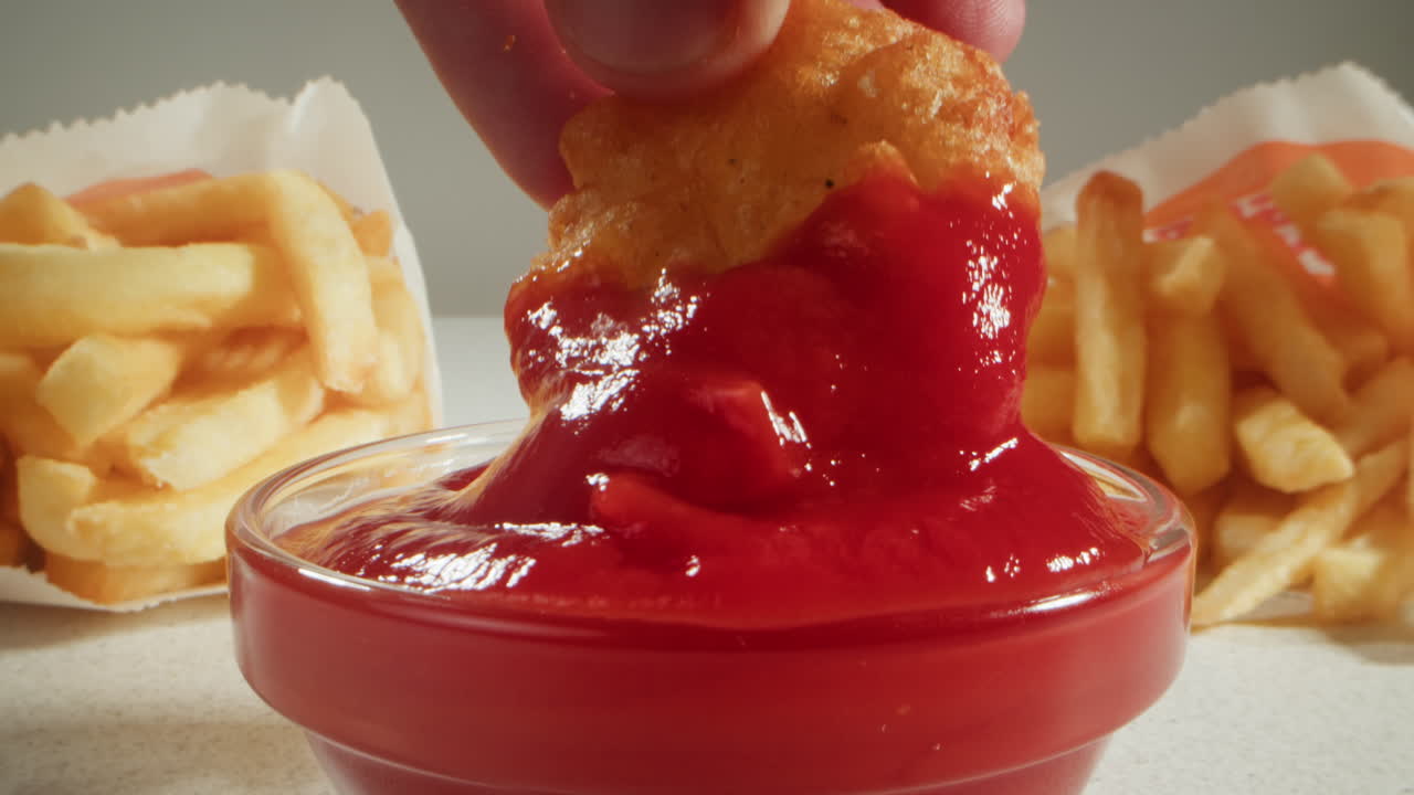 Dipping Chicken Nuggets and French Fries in Ketchup