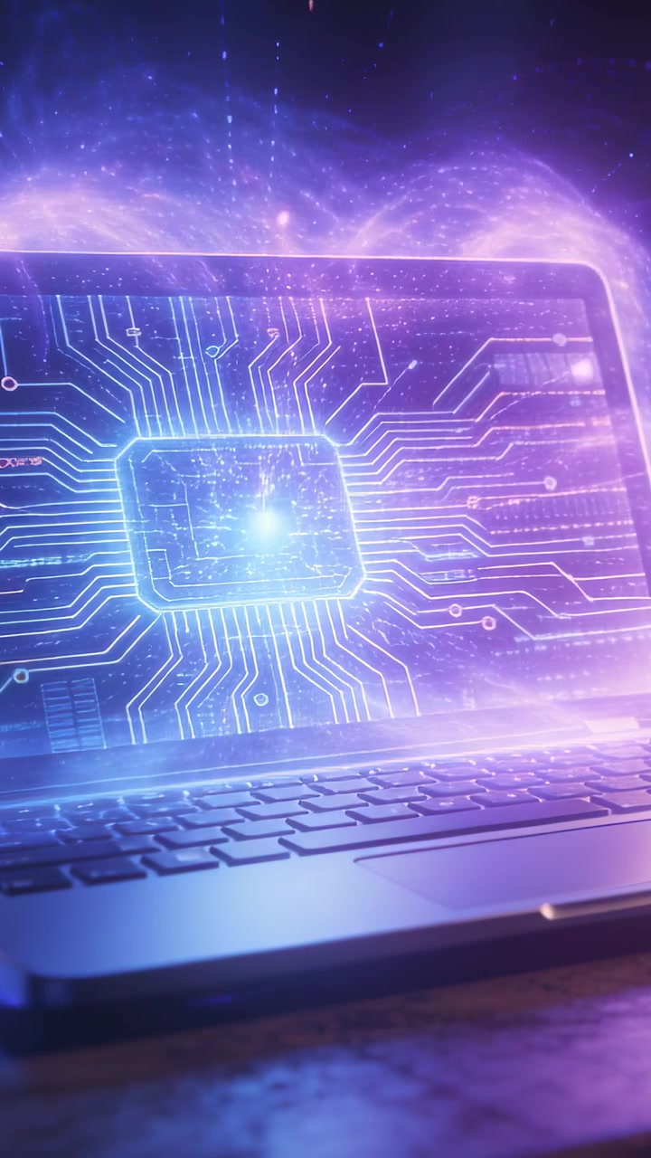 Video verticale: Mostra un laptop con una grafica che raffigura un nucleo di chip pulsante e tracce illuminate, con nebbia a scopo dimostrativo.