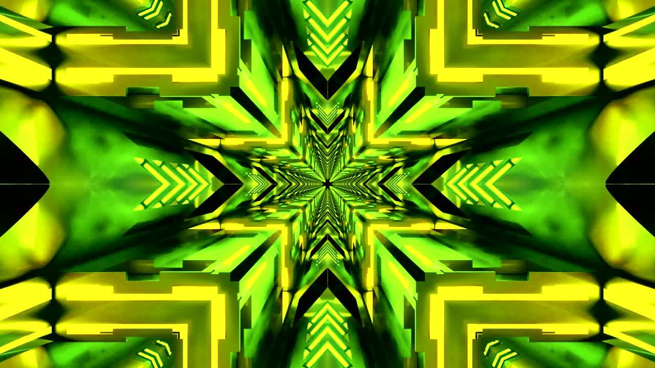 Un vivace loop a tunnel mostra motivi vorticosi in verde e giallo, creando un ambiente visivo dinamico. Questo loop senza interruzioni fornisce uno sfondo coinvolgente per il relax o l'intrattenimento.