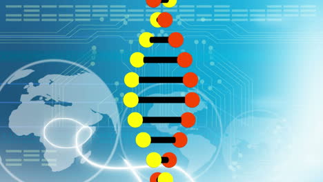 animation of dna strand spinning over data processing and globes