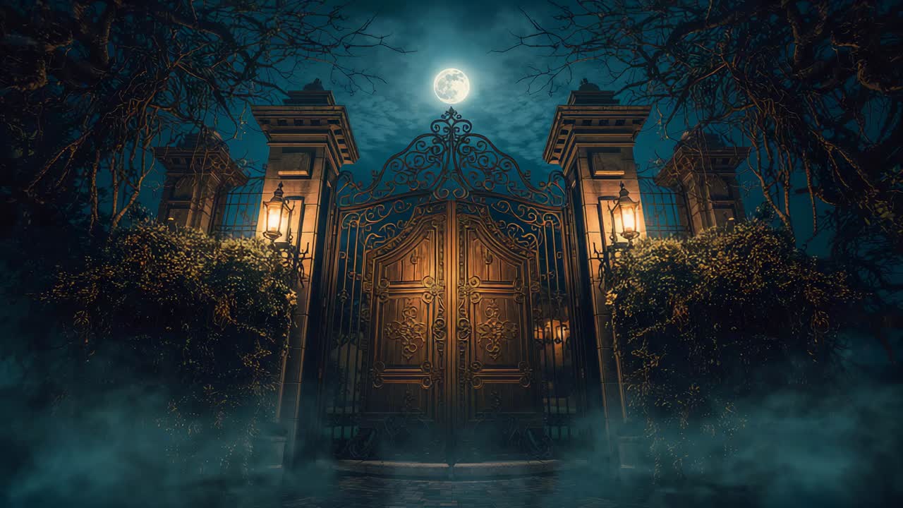 Panning ornate gate at entry, camera revealing moonlit ironwork while clouds shifting, showing fog