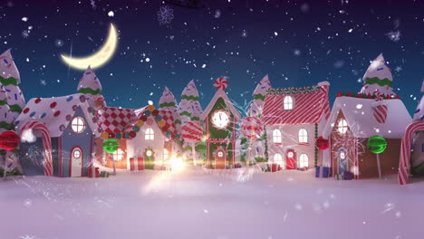 animation of snow falling over merry christmas text banner against winter landscape and night sky