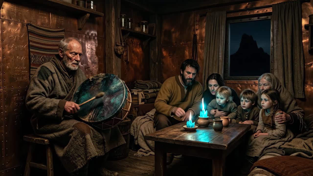 Generaciones reunidas en una habitación rústica con tambor y velas