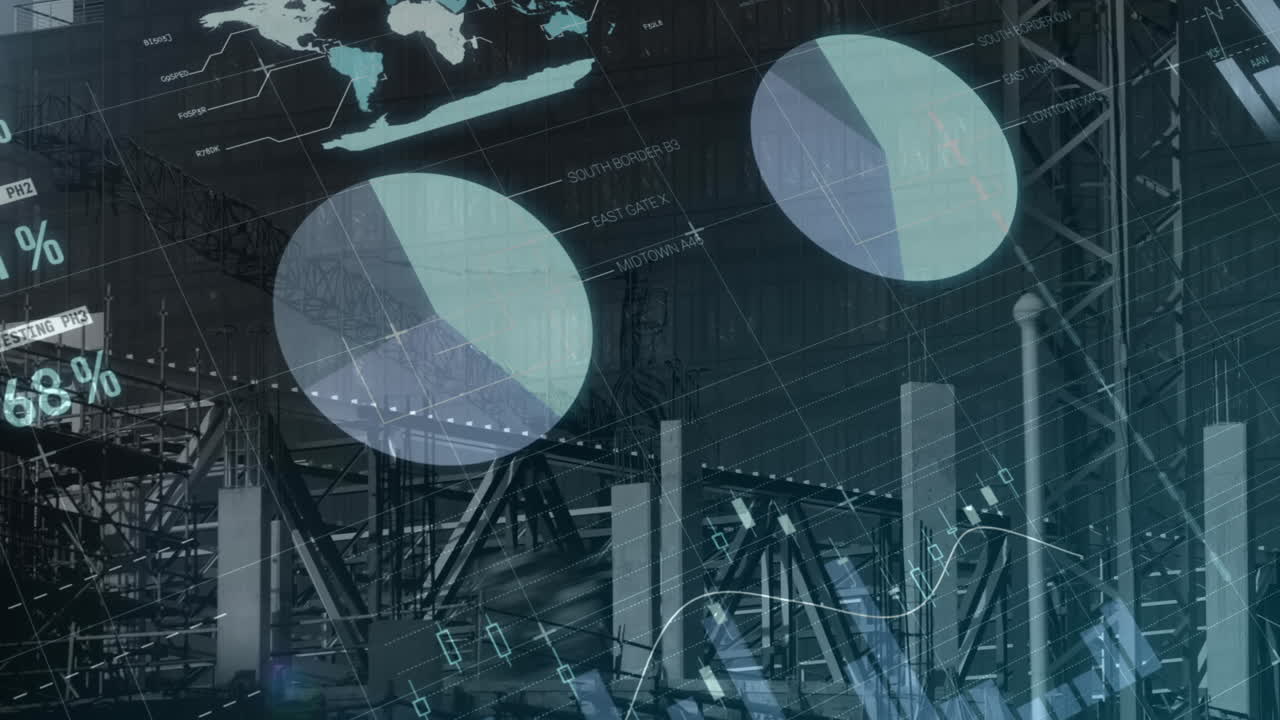 animación de grúas en el sitio de construcción, procesamiento de datos financieros y estadísticas