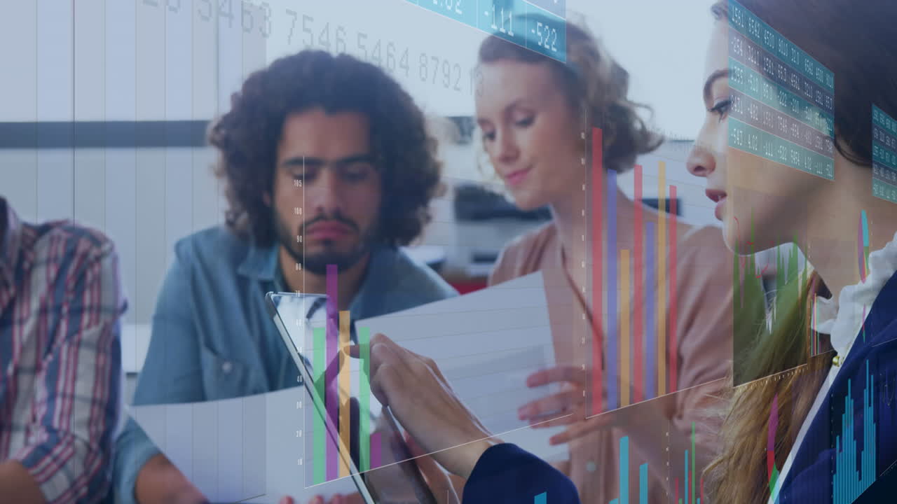 Animation of statistical data processing against diverse colleagues discussing at office