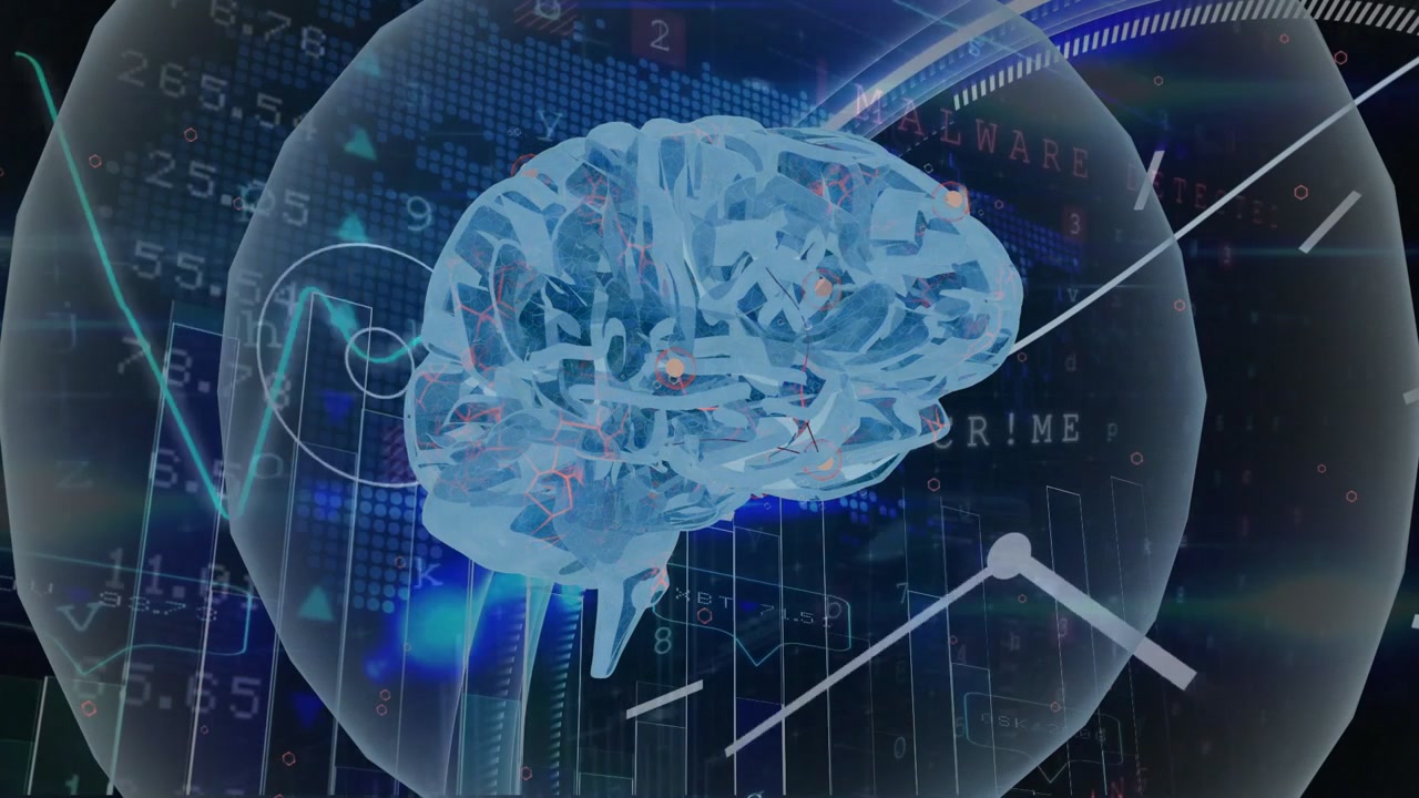 ECG pulse sparking hologram brain rotating, pulsing, nodes glowing, data flow shifting for analysis