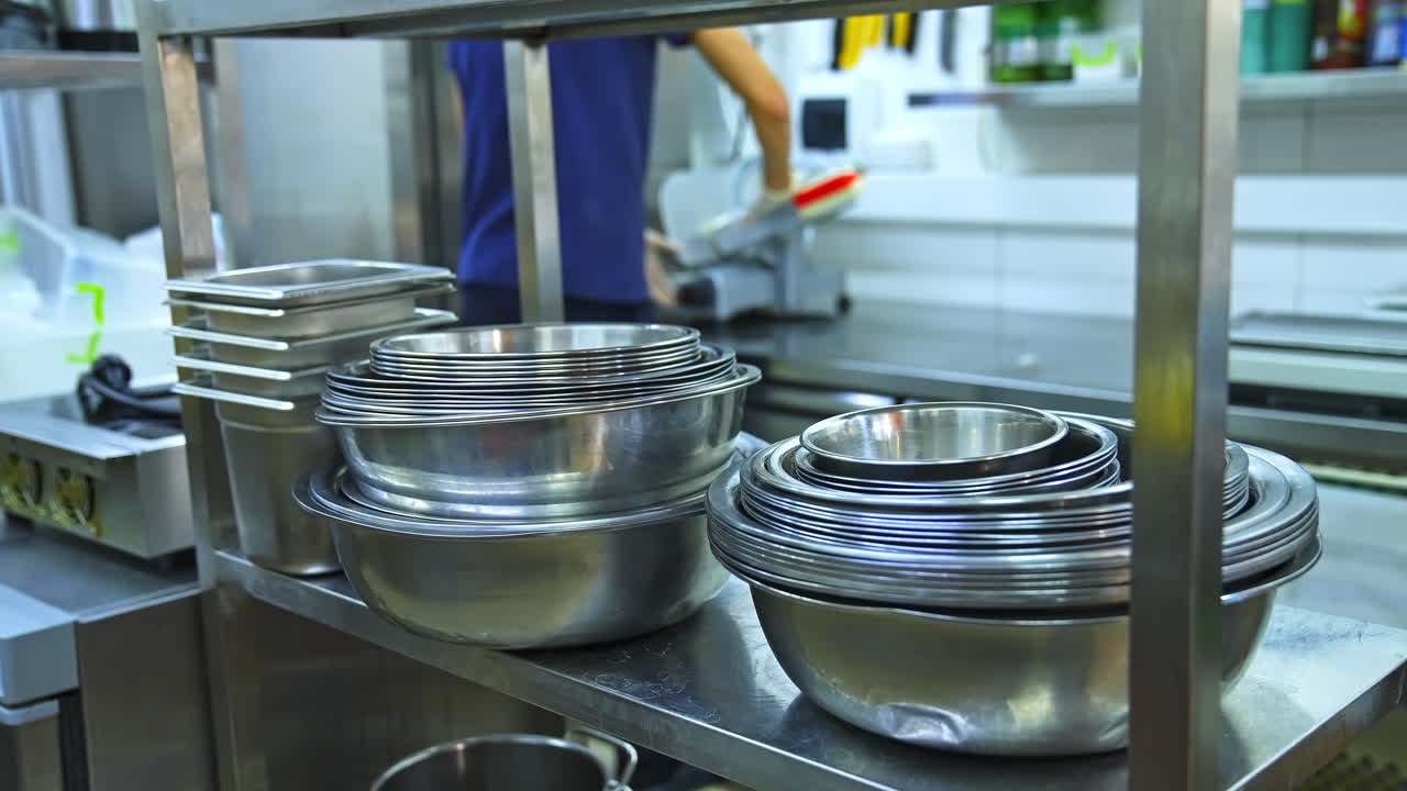 An industrial kitchen utensils close up. Stainless steel bowl and plastic container at commercial kitchen.