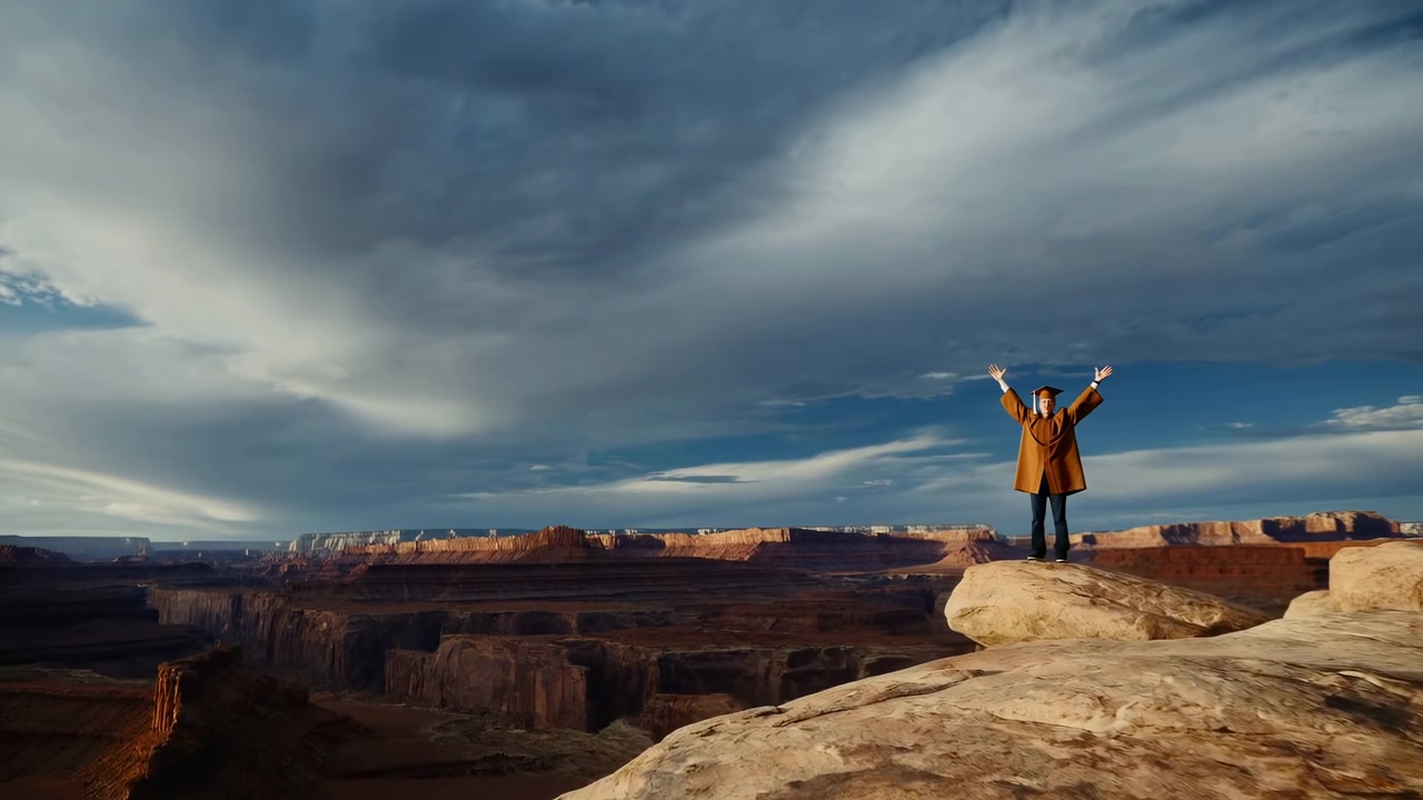 A person raises their arms in a joyful and triumphant gesture atop a rocky outcrop, viewed from a first-person perspective against a vast blue sky. This scene captures the essence of travel.