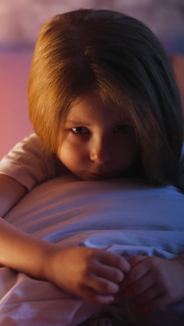 sad little daughter with dimly lit face sits leaning on big soft pillow on covered bed near grey wall in semidark bedroom at orange light of night lamp slow motion