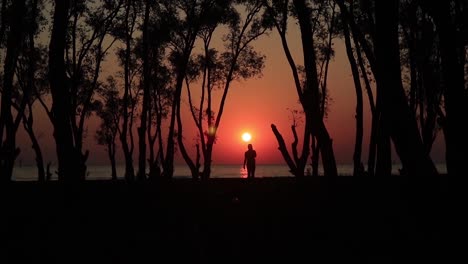Erstaunlicher-Inselsonnenuntergang,-Silhouette-Einer-Person,-Die-Mit-Sonne-Dahinter-Am-Strand-Spazieren-Geht