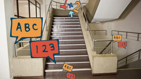 Animation-Von-Symbolen-Für-Schulgegenstände,-Die-Sich-über-Treppen-Bewegen
