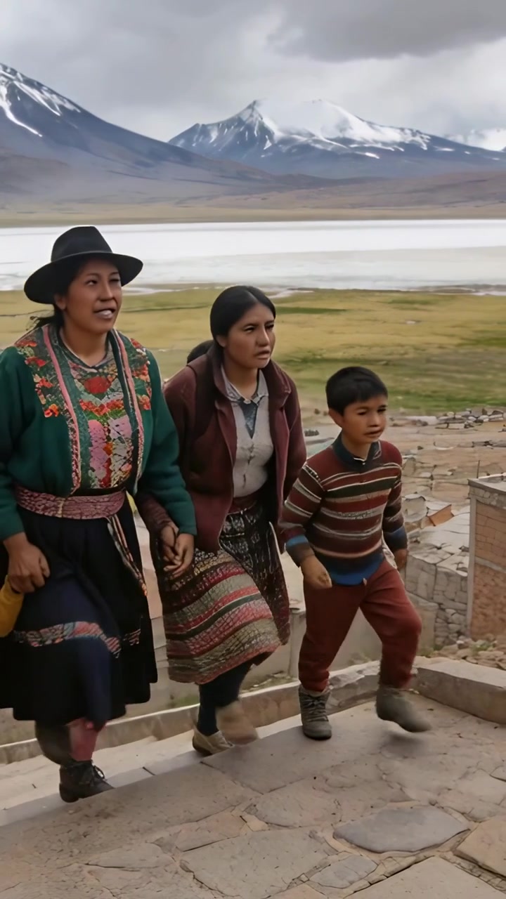 Vertical video: Climbing family trio starting on steps at hill village in embroidered skirts