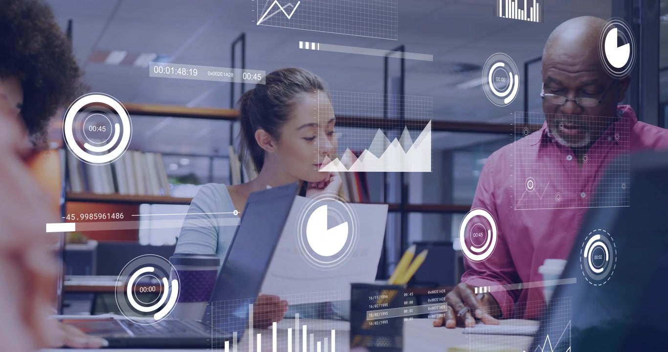 Woman holding doc tapping laptop sr pointing tablet business AR overlay charting data for decisions