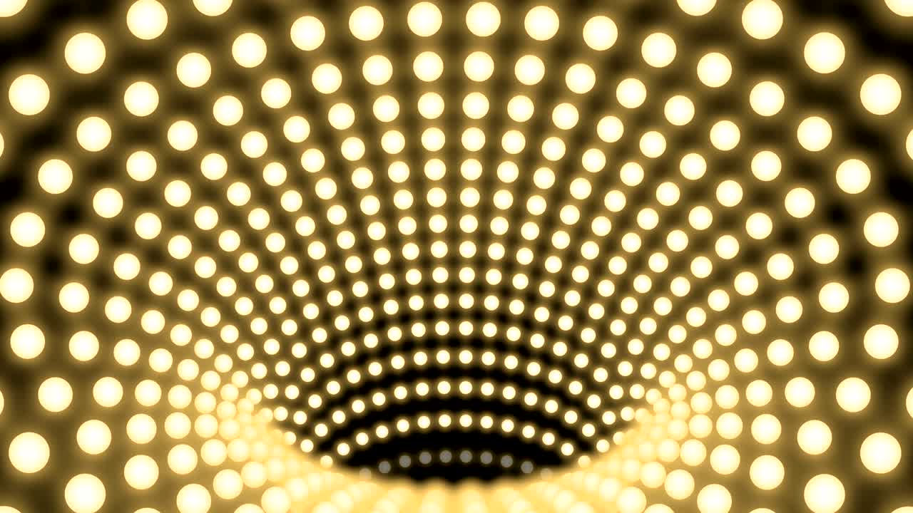 Tunnel Incandescent light bulb box frame oval shape moving pattern, retro 3D virtual style illustration glow in dark background seamless looping animation 4K, with copy space