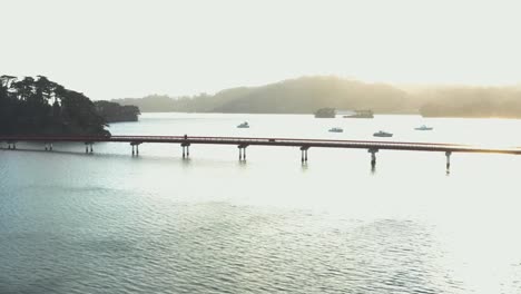 sunset over fukuurajima bridge in matsushima bay, miyagi japan