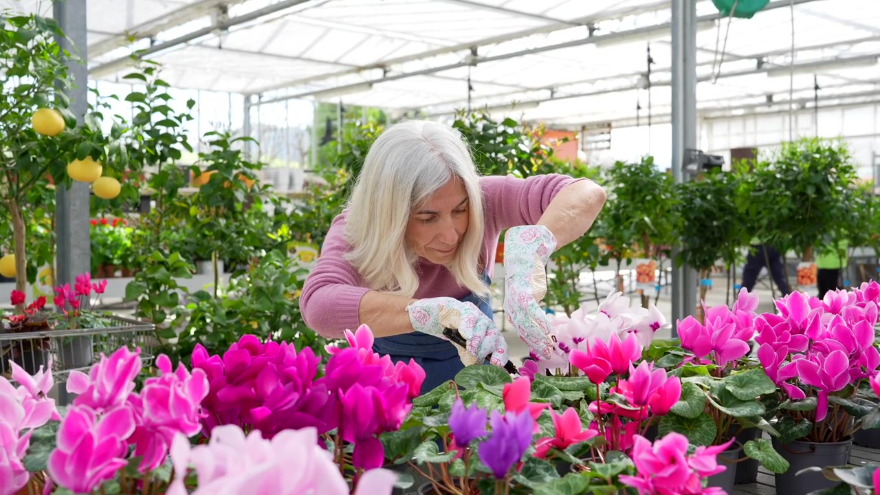 Eldre kvinne driver med hagearbeid og steller blomster i et drivhus