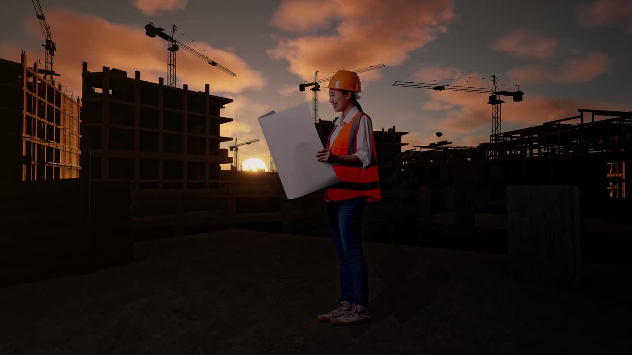 Full Body Side View Of Asian Female Engineer With Safety Helmet Looking At Blueprint In Her Hands While Standing At Construction Site in Progress to New House