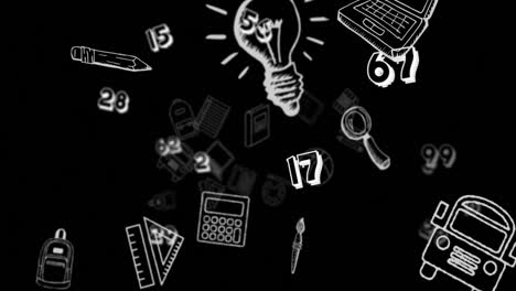 digital animation of school concept icons against multiple numbers on black background
