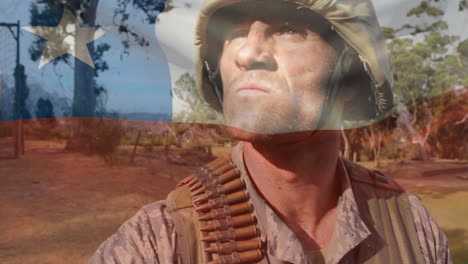 digital composition of waving chile flag against soldier holding a gun at training camp