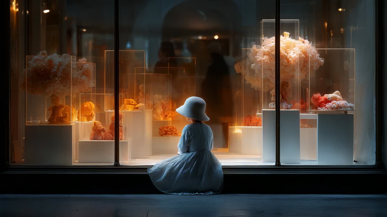 A Curious Child in a White Dress and Hat Gazes Adoringly at an Enchanting Display of Colorful Sculptures and Artistic Creations, Capturing a Moment of Wonder and Imagination