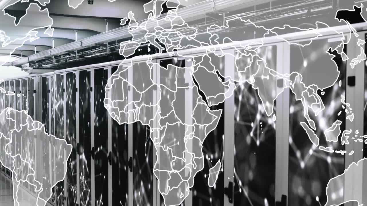 서버 의 서버 랙에 연결된 점에 대한 지도의 애니메이션