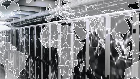 animación del mapa sobre puntos conectados en los estantes de los servidores de la sala de servidores