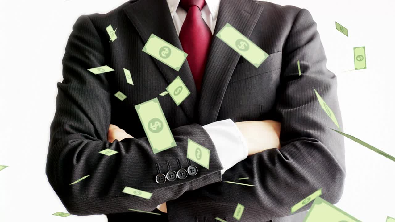 Businessmen and money flying in the air.